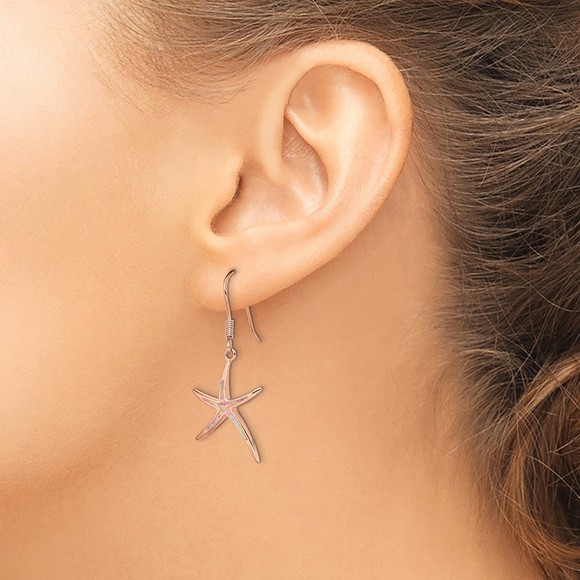 Sterling Silver Rose-tone Created Opal Inlay Star Fish Dangle Earrings - Picture 3 of 4